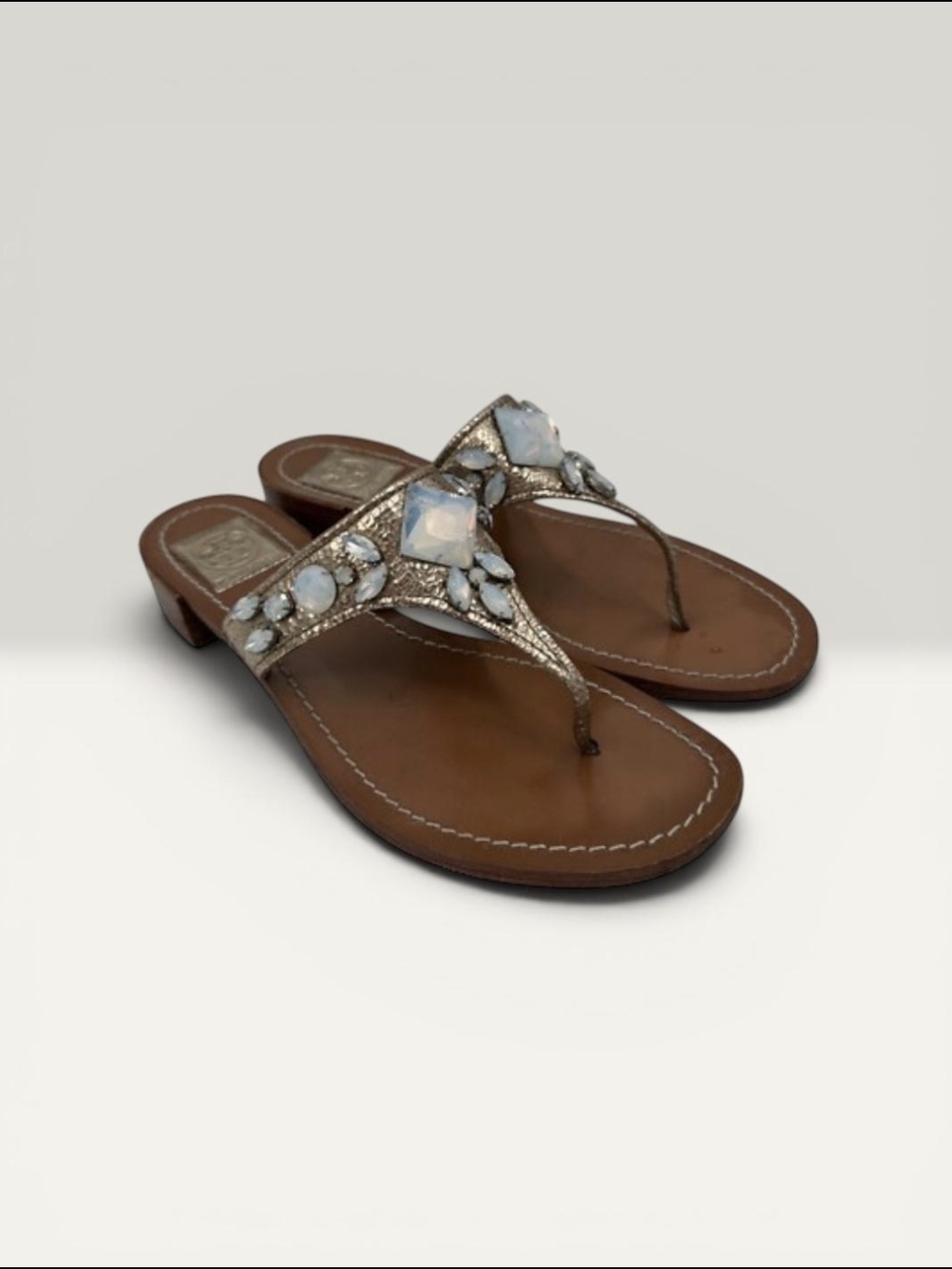 TORY BURCH Leather Crystal Embellished Sandals Brown/Gold Opalescent Gems *HTF*